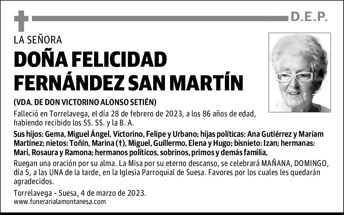 DOÑA FELICIDAD FERNÁNDEZ SAN MARTÍN