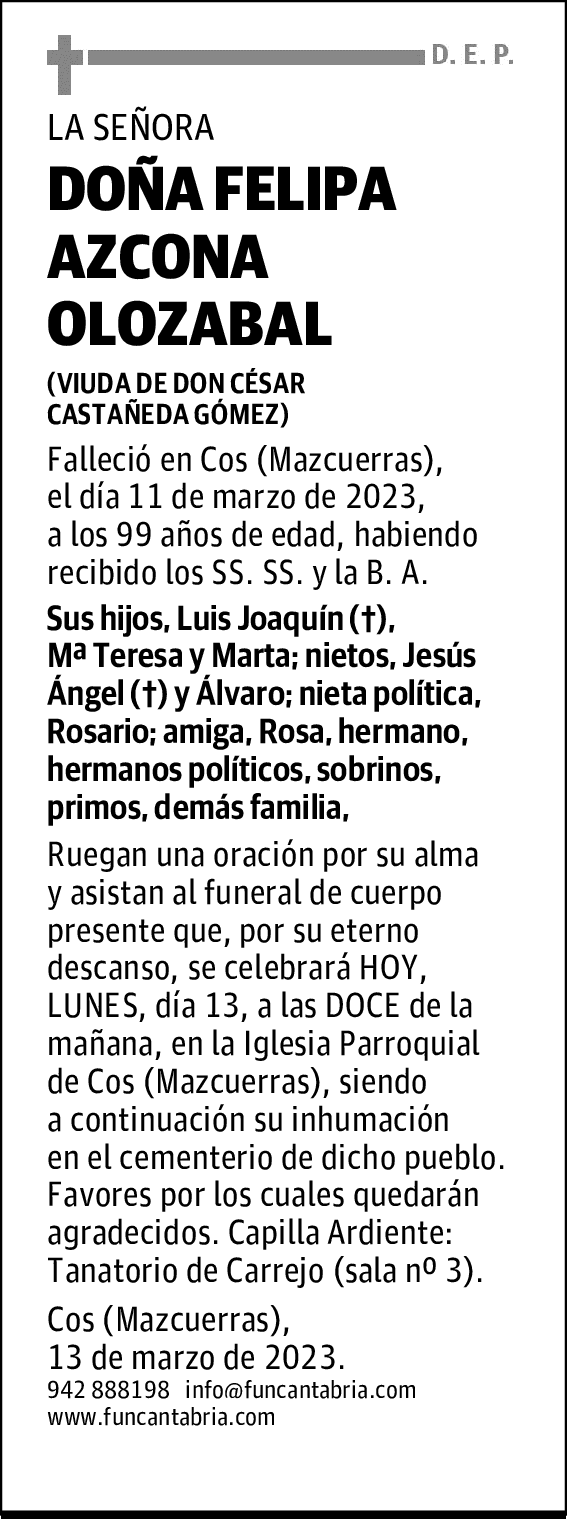 DOÑA FELIPA AZCONA OLOZABAL