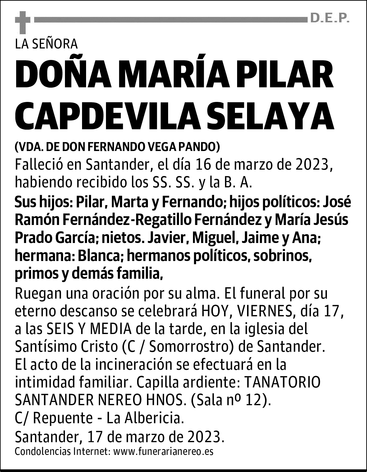 DOÑA MARÍA PILAR CAPDEVILA SELAYA