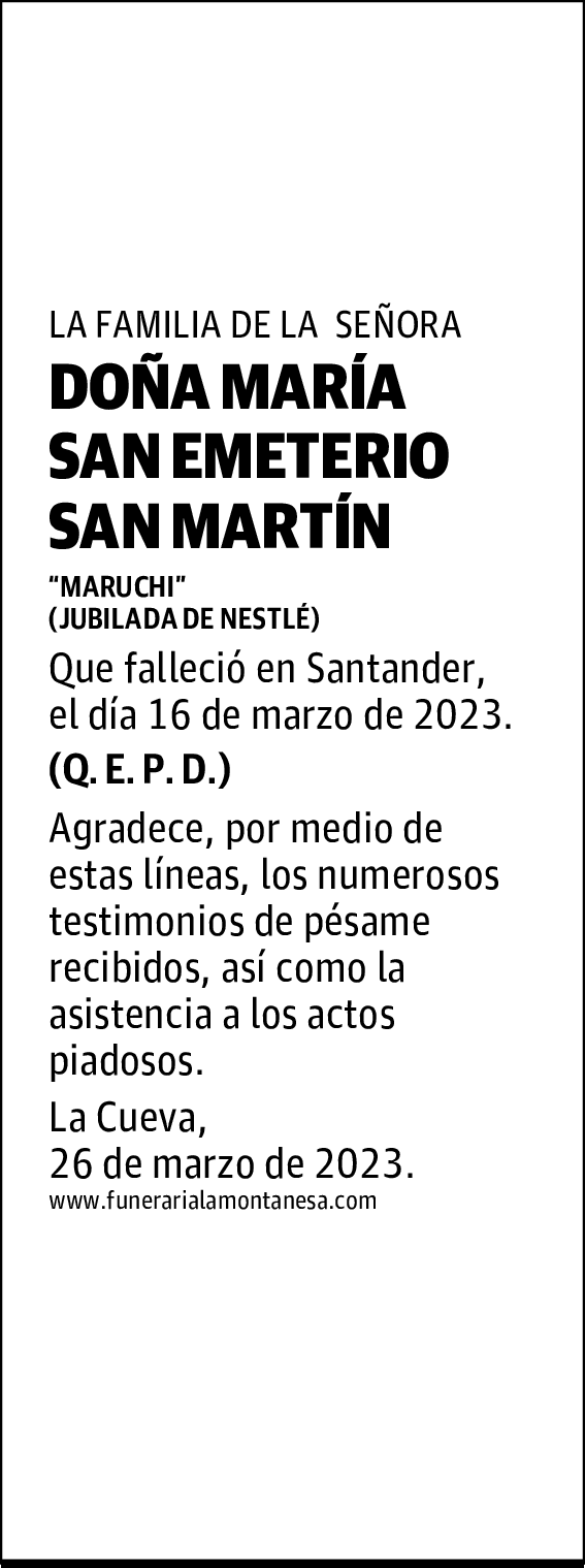 DOÑA MARÍA SAN EMETERIO SAN MARTÍN