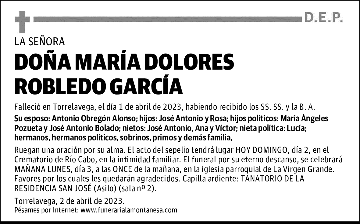 DOÑA MARÍA DOLORES ROBLEDO GARCÍA