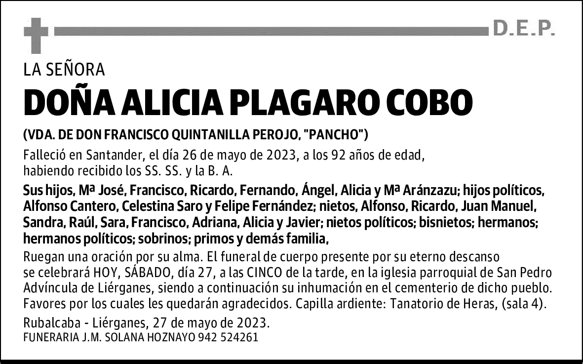 DOÑA ALICIA PLAGARO COBO