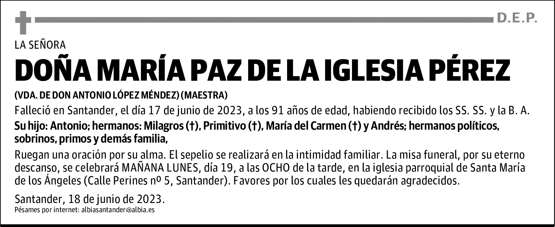 DOÑA MARÍA PAZ DE LA IGLESIA PÉREZ
