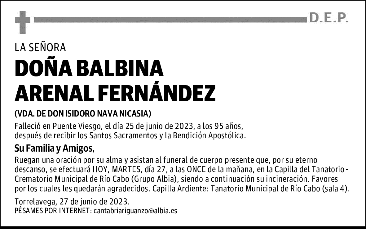 DOÑA BALBINA ARENAL FERNÁNDEZ