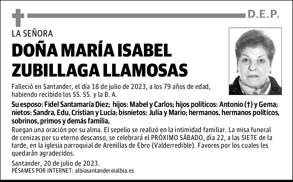 DOÑA MARÍA ISABEL ZUBILLAGA LLAMOSAS