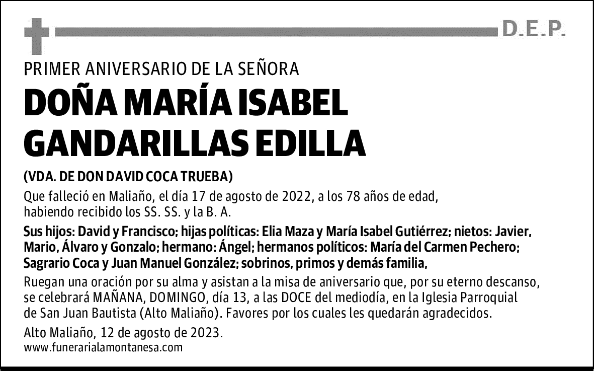 DOÑA MARÍA ISABEL GANDARILLAS EDILLA