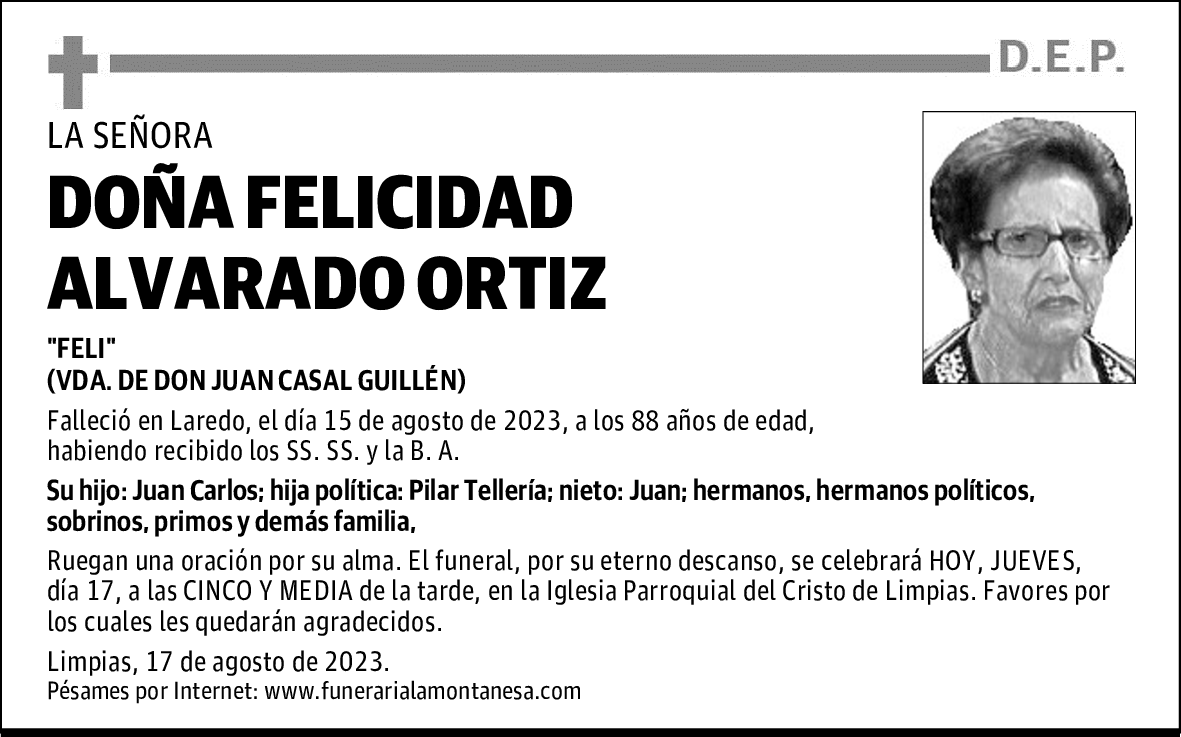 DOÑA FELICIDAD ALVARADO ORTIZ