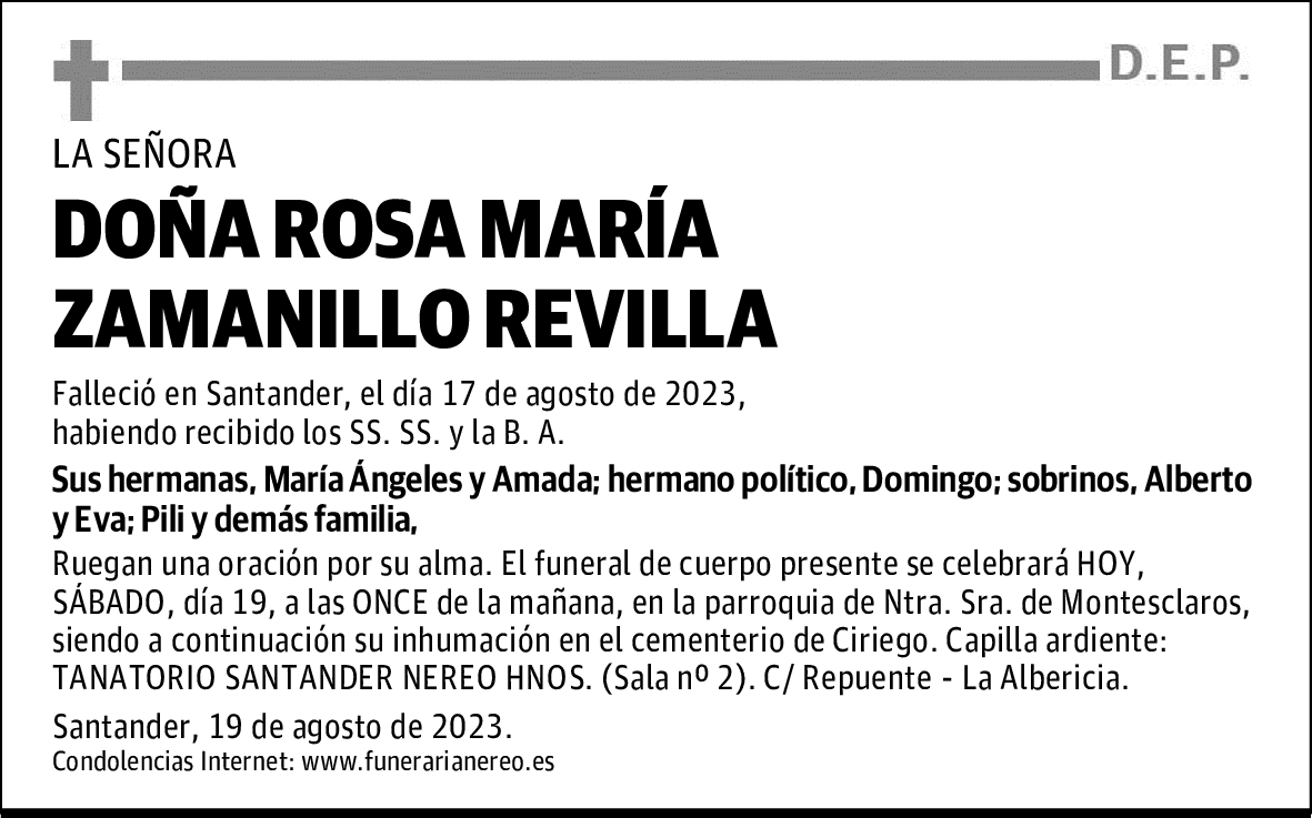 DOÑA ROSA MARÍA ZAMANILLO REVILLA