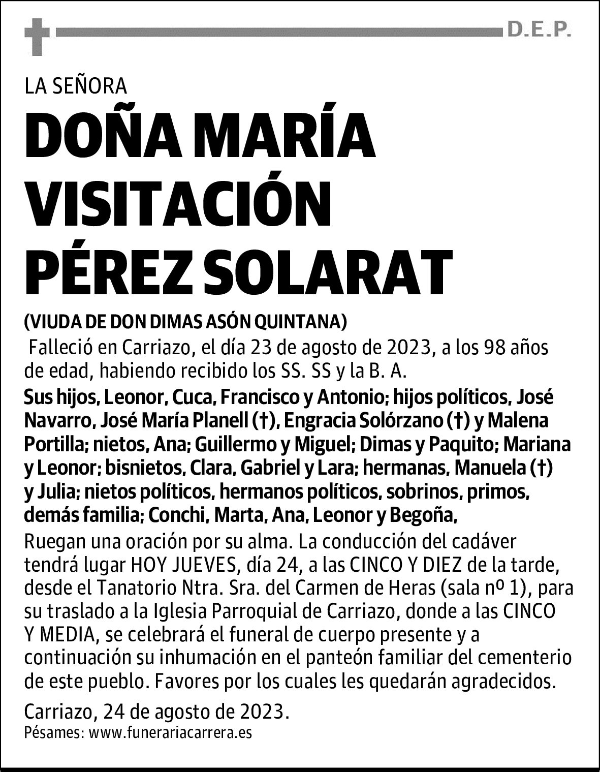 DOÑA MARÍA VISITACIÓN PÉREZ SOLARAT