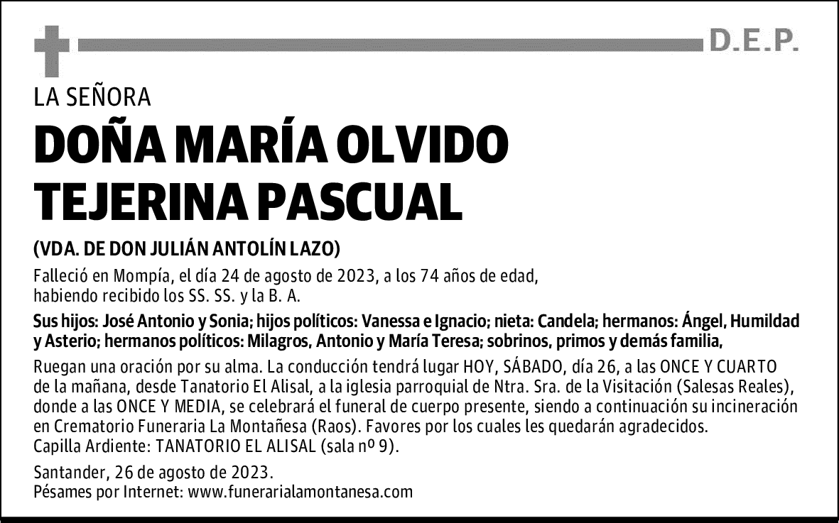 DOÑA MARÍA OLVIDO TEJERINA PASCUAL