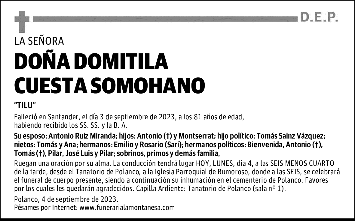 DOÑA DOMITILA CUESTA SOMOHANO
