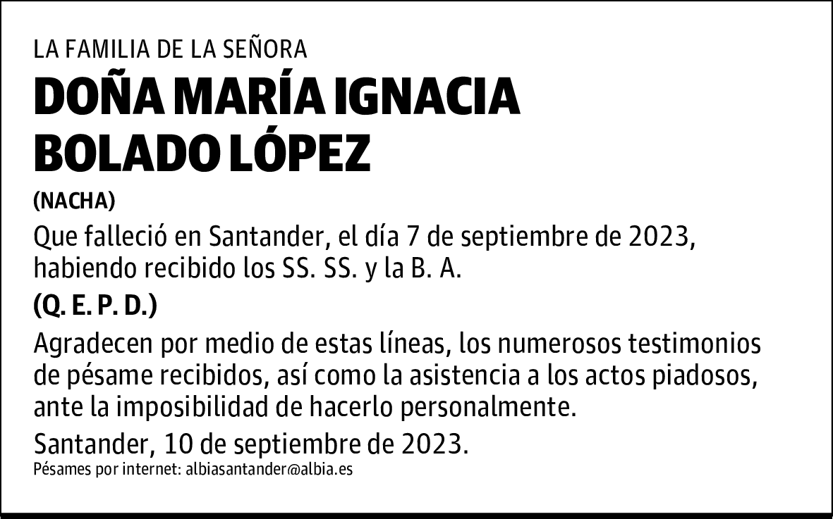 DOÑA MARÍA IGNACIA BOLADO LÓPEZ