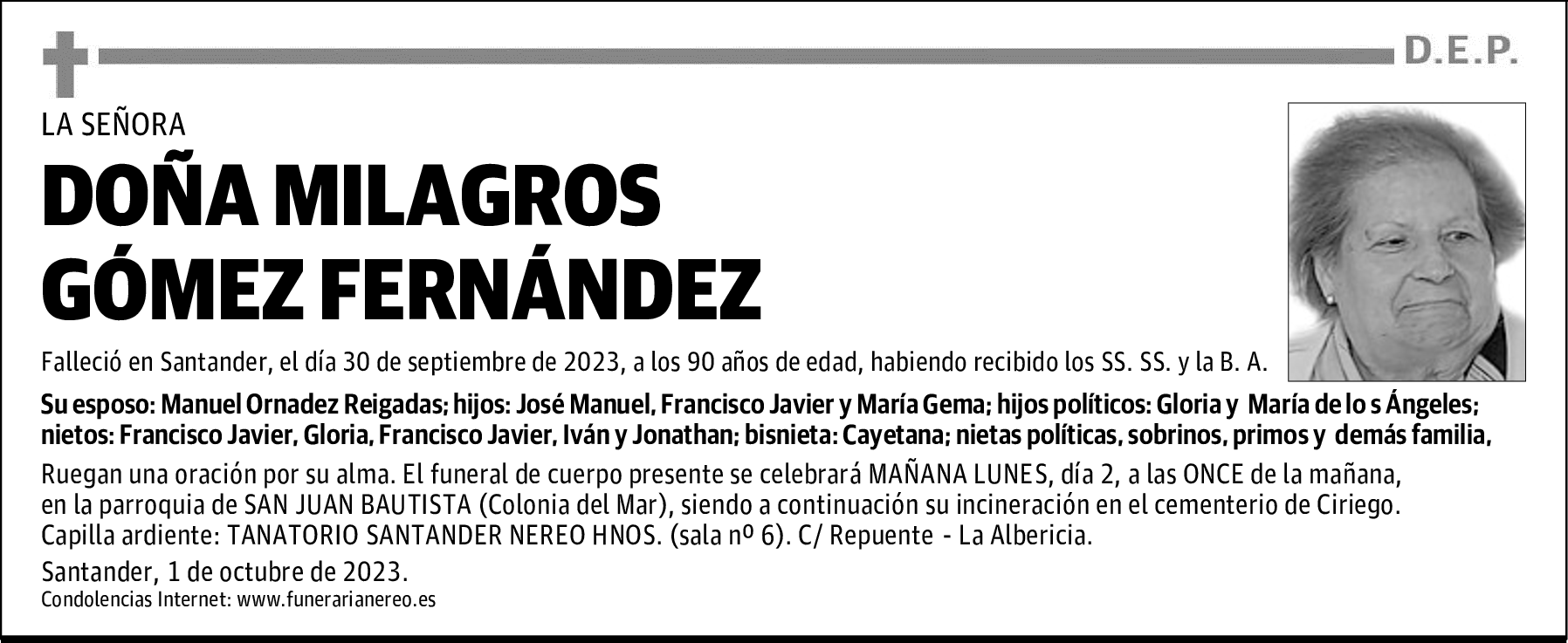 DOÑA MILAGROS GÓMEZ FERNÁNDEZ