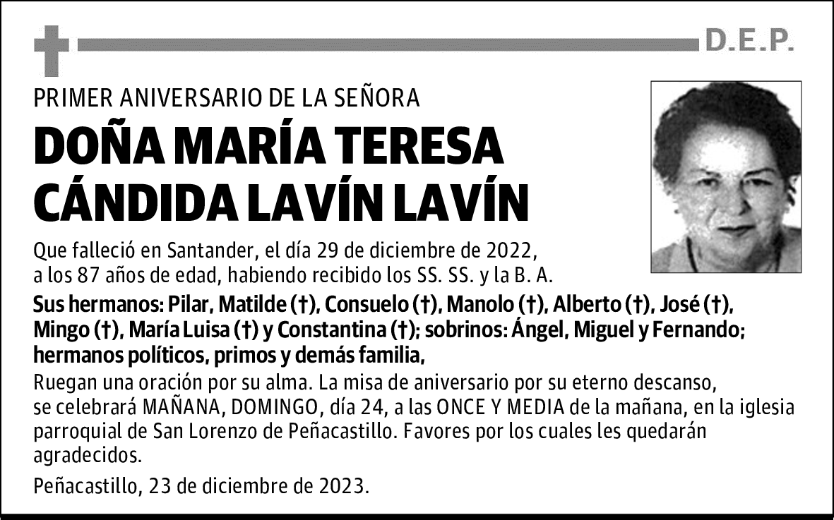 DOÑA MARÍA TERESA CÁNDIDA LAVÍN LAVÍN