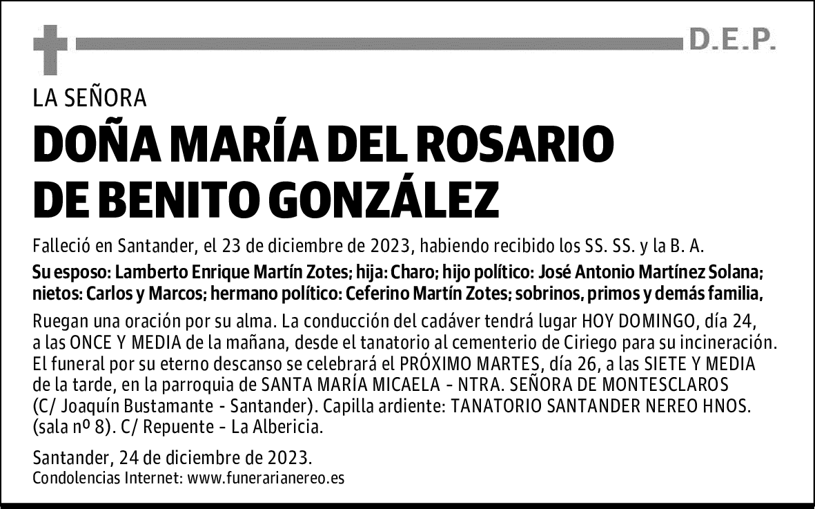 DOÑA MARÍA DEL ROSARIO DE BENITO GONZÁLEZ