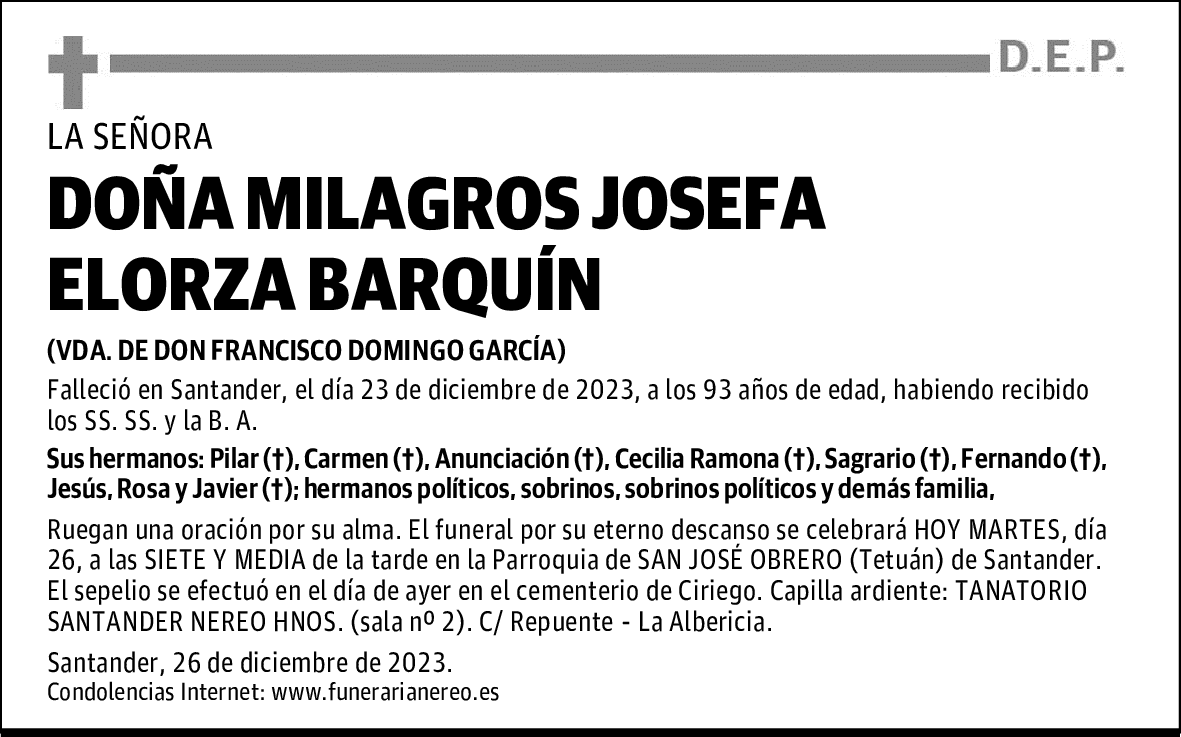 DOÑA MILAGROS JOSEFA ELORZA BARQUÍN