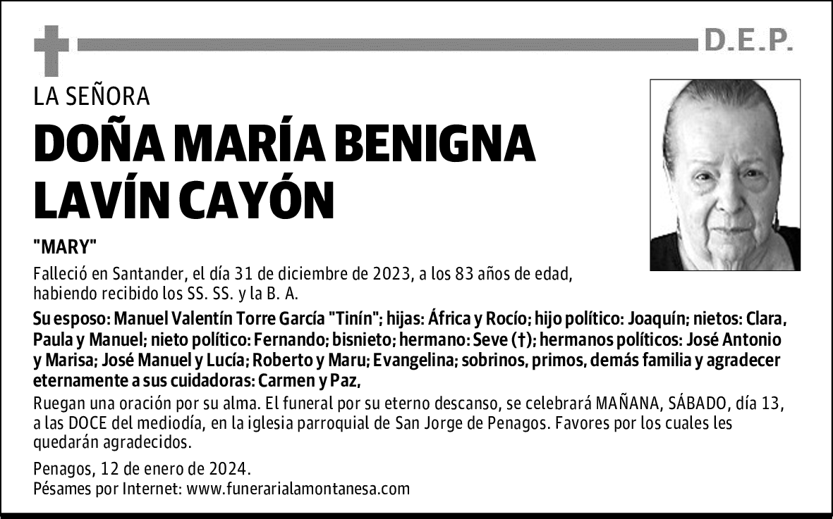 DOÑA MARÍA BENIGNA LAVÍN CAYÓN