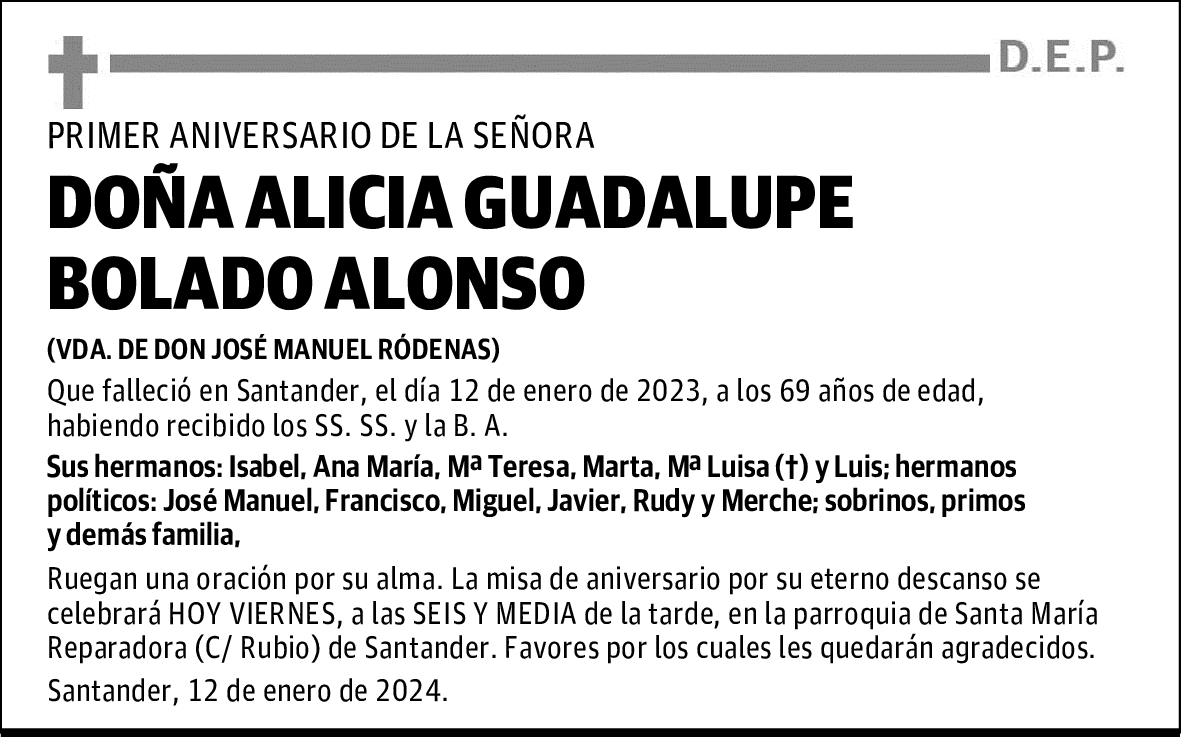 DOÑA ALICIA GUADALUPE BOLADO ALONSO