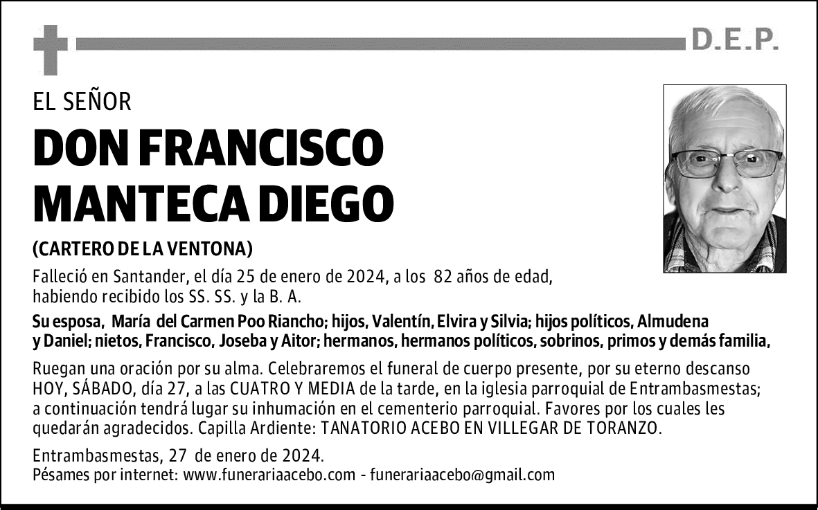 DON FRANCISCO MANTECA DIEGO Esquela El Diario Montañés