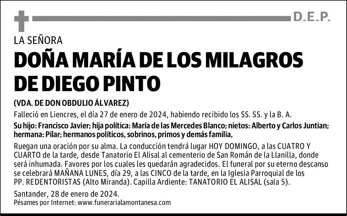DOÑA MARÍA DE LOS MILAGROS DE DIEGO PINTO