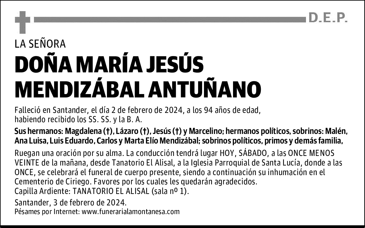 DOÑA MARÍA JESÚS MENDIZÁBAL ANTUÑANO