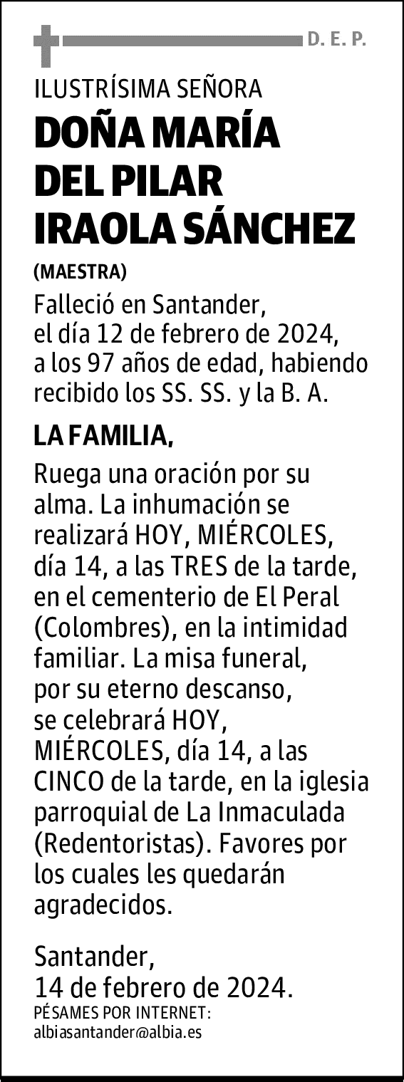 DOÑA MARÍA DEL PILAR IRAOLA SÁNCHEZ