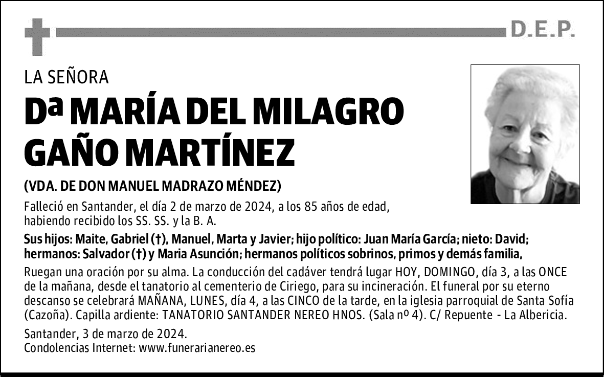 DOÑA MARÍA DEL MILAGRO GAÑO MARTÍNEZ