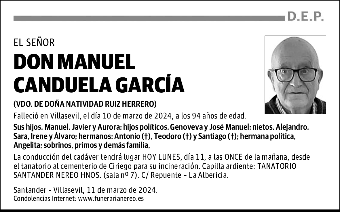 DON MANUEL CANDUELA GARCÍA | Esquela | El Diario Montañés