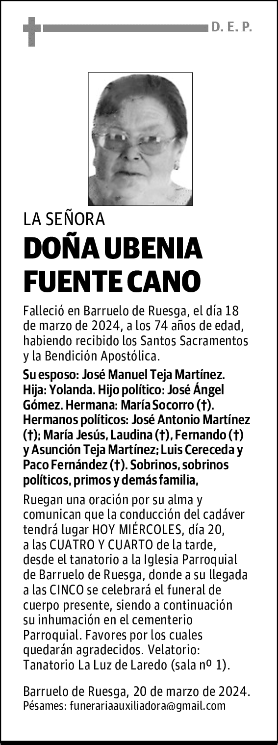 DOÑA UBENIA FUENTE CANO