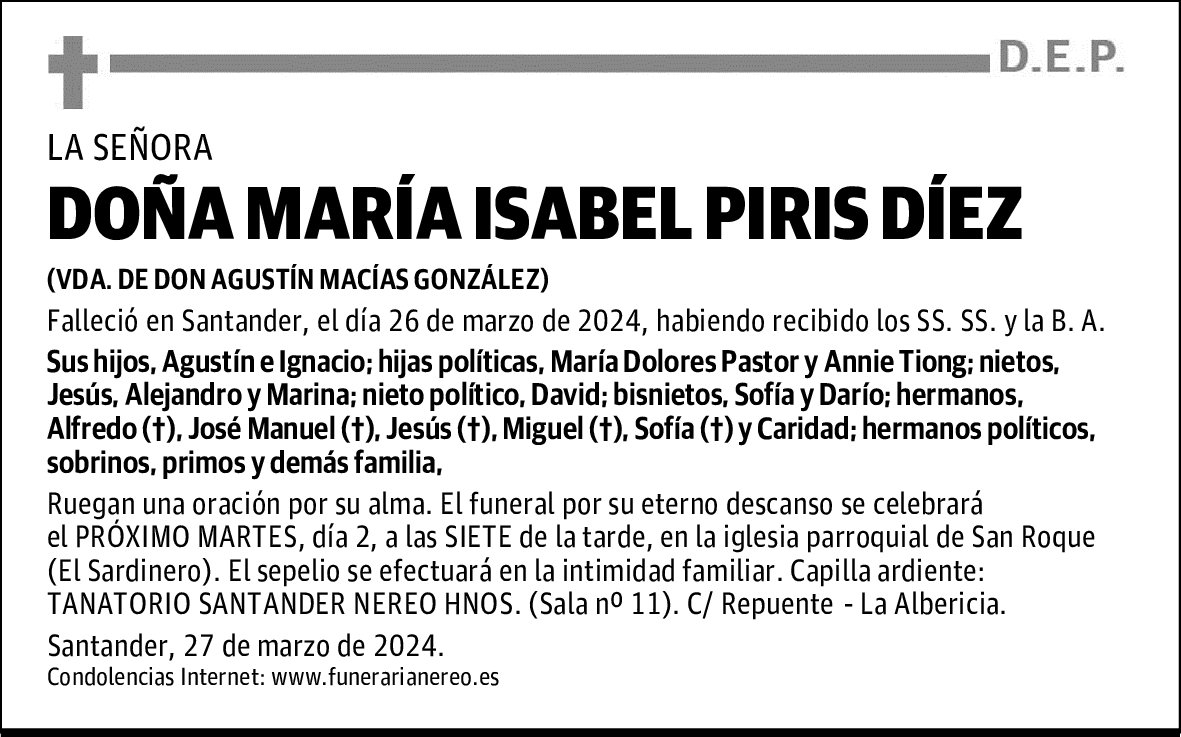 DOÑA MARÍA ISABEL PIRIS DÍEZ