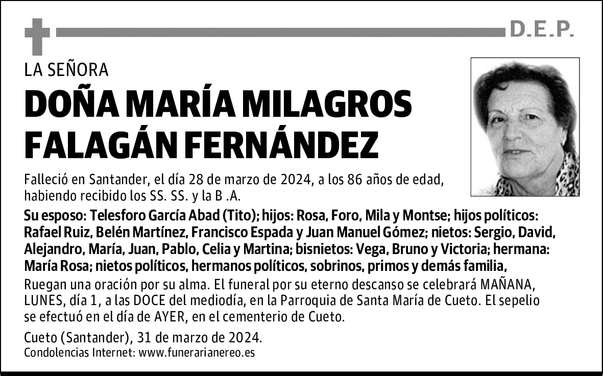 DOÑA MARÍA MILAGROS FALAGAN FERNÁNDEZ