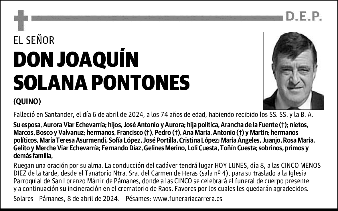 DON JOAQUÍN SOLANA PONTONES | Esquela | El Diario Montañés