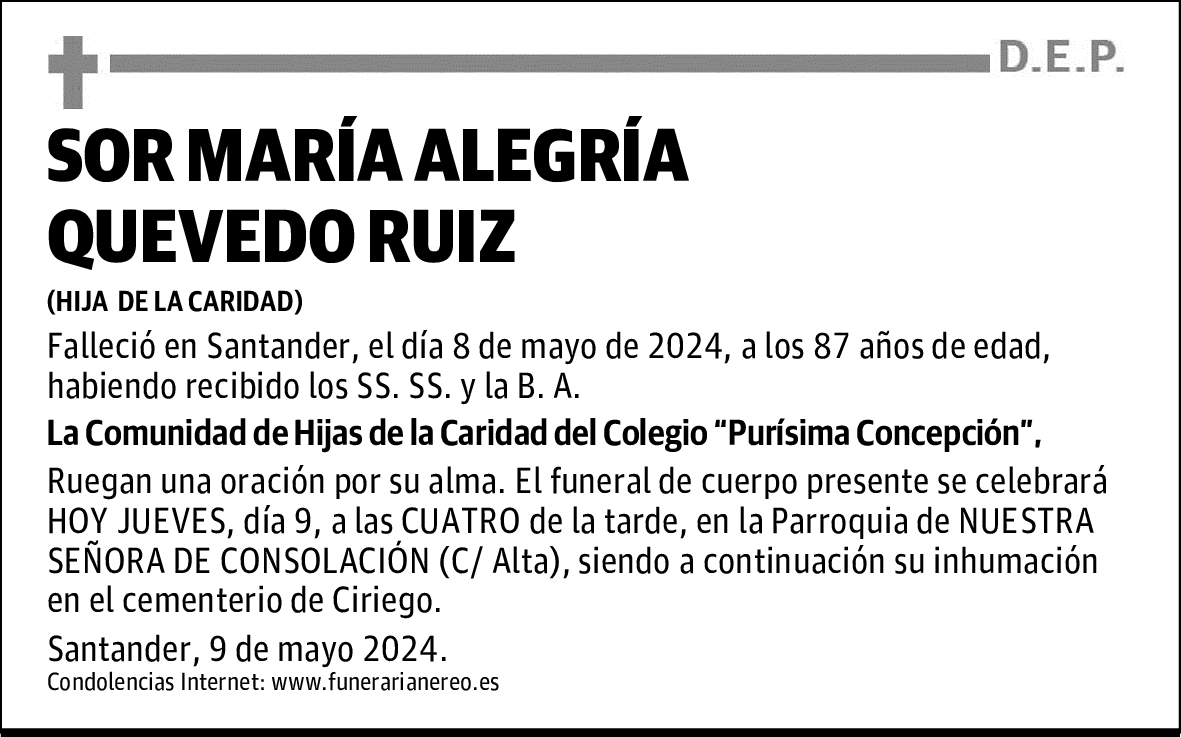 SOR MARÍA ALEGRÍA QUEVEDO RUIZ