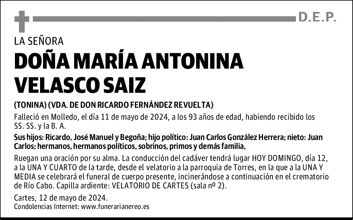 DOÑA MARÍA ANTONINA VELASCO SAIZ