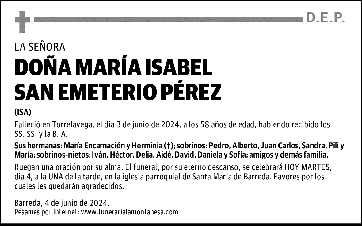 DOÑA MARÍA ISABEL SAN EMETERIO PÉREZ