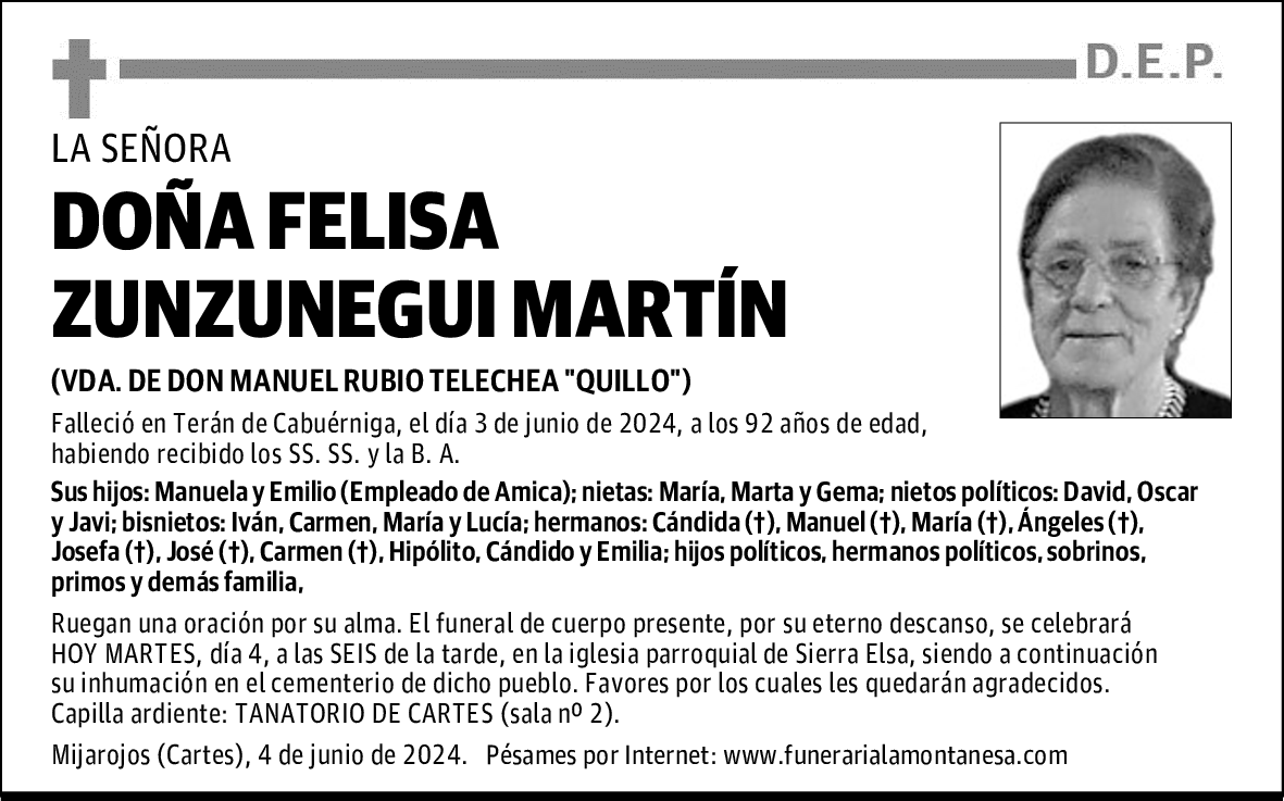 DOÑA FELISA ZUNZUNEGUI MARTÍN