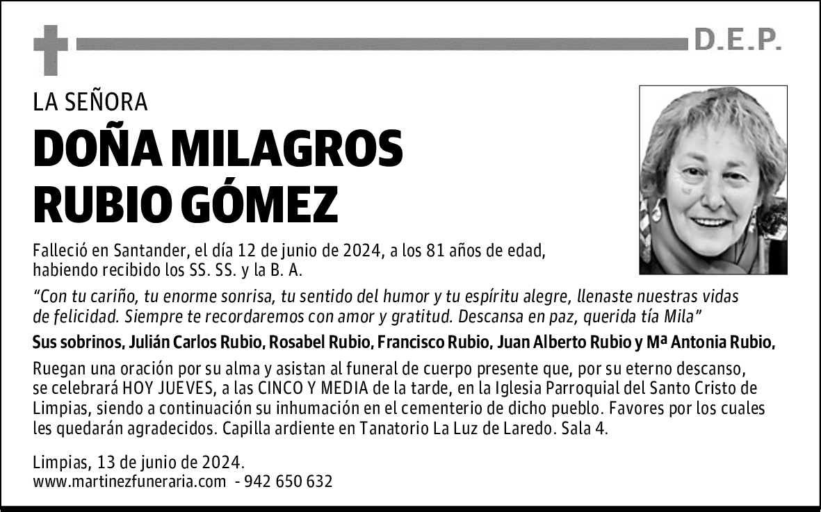DOÑA MILAGROS RUBIO GÓMEZ