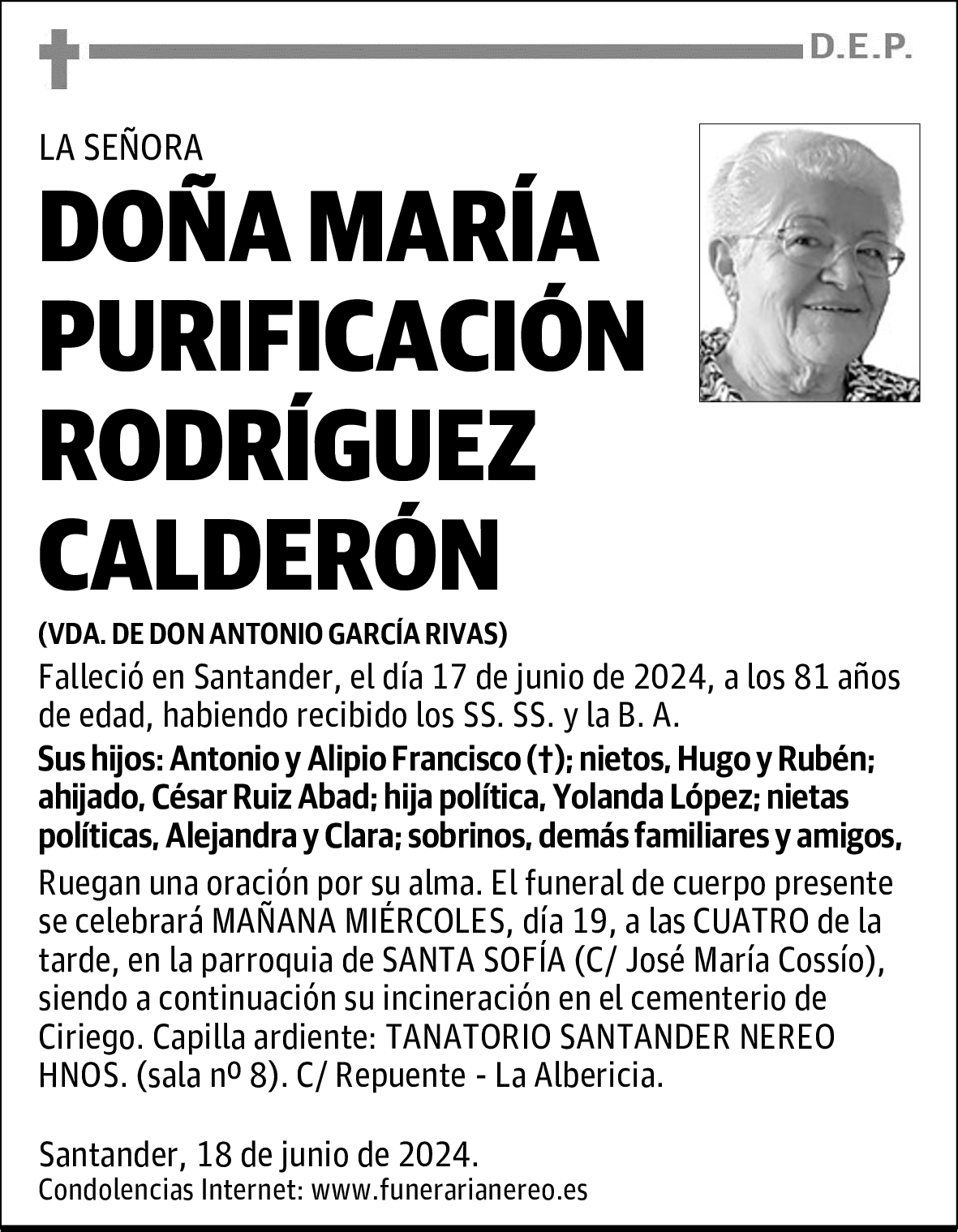 DOÑA MARÍA PURIFICACIÓN RODRÍGUEZ CALDERÓN