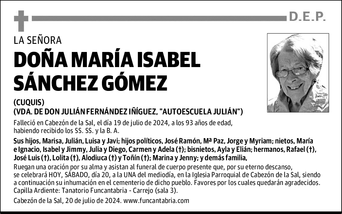 DOÑA MARÍA ISABEL SÁNCHEZ GÓMEZ