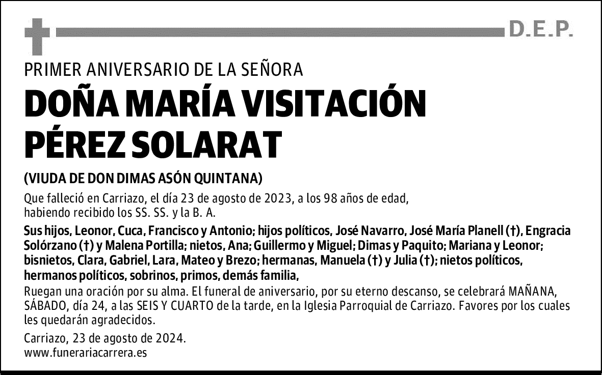 DOÑA MARÍA VISITACIÓN PÉREZ SOLARAT