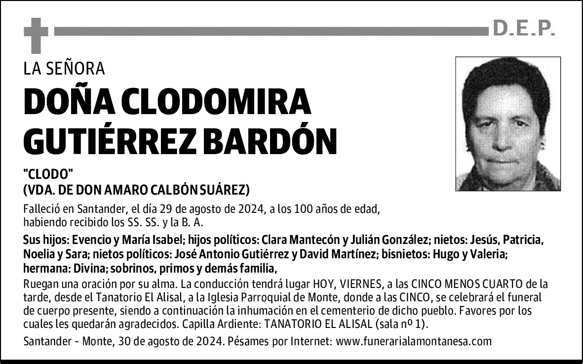 DOÑA CLODOMIRA GUTIÉRREZ BARDÓN