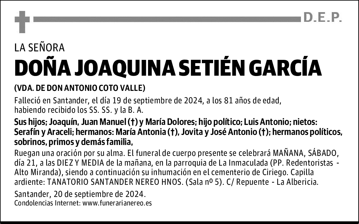 DOÑA JOAQUINA SETIÉN GARCÍA