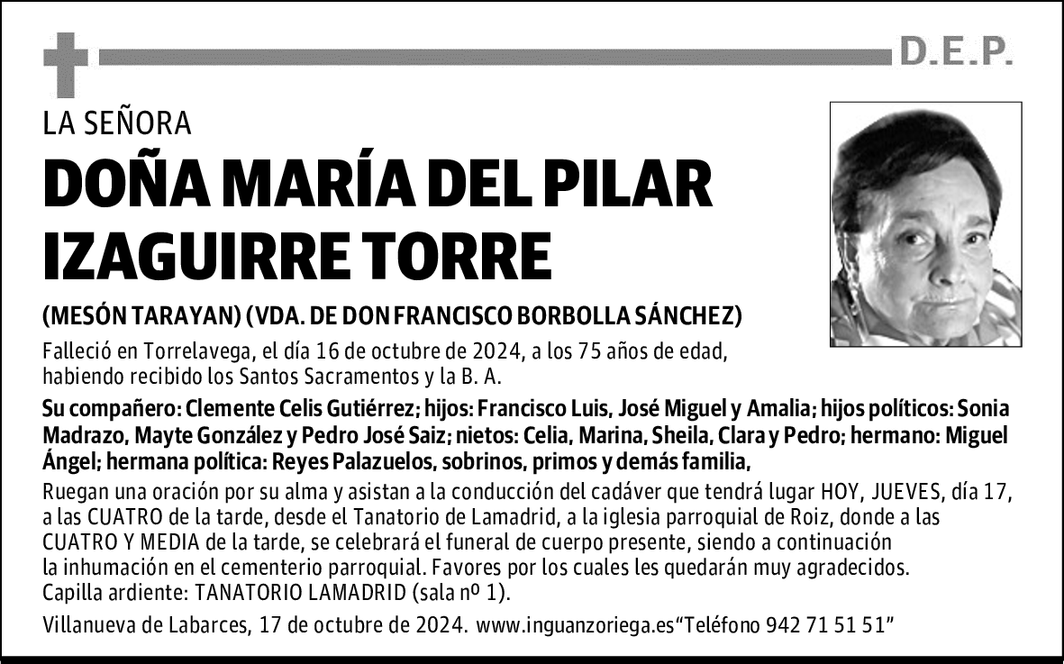 DOÑA MARÍA DEL PILAR IZAGUIRRE TORRE