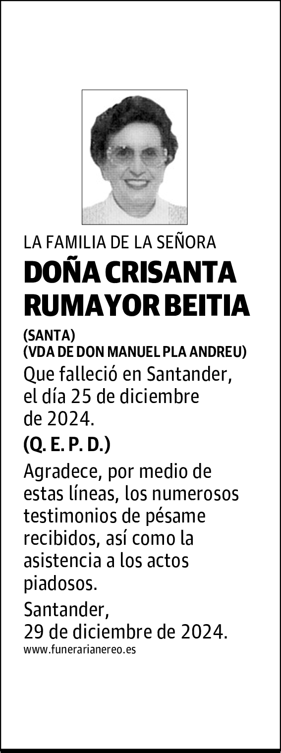 DOÑA CRISANTA RUMAYOR BEITIA