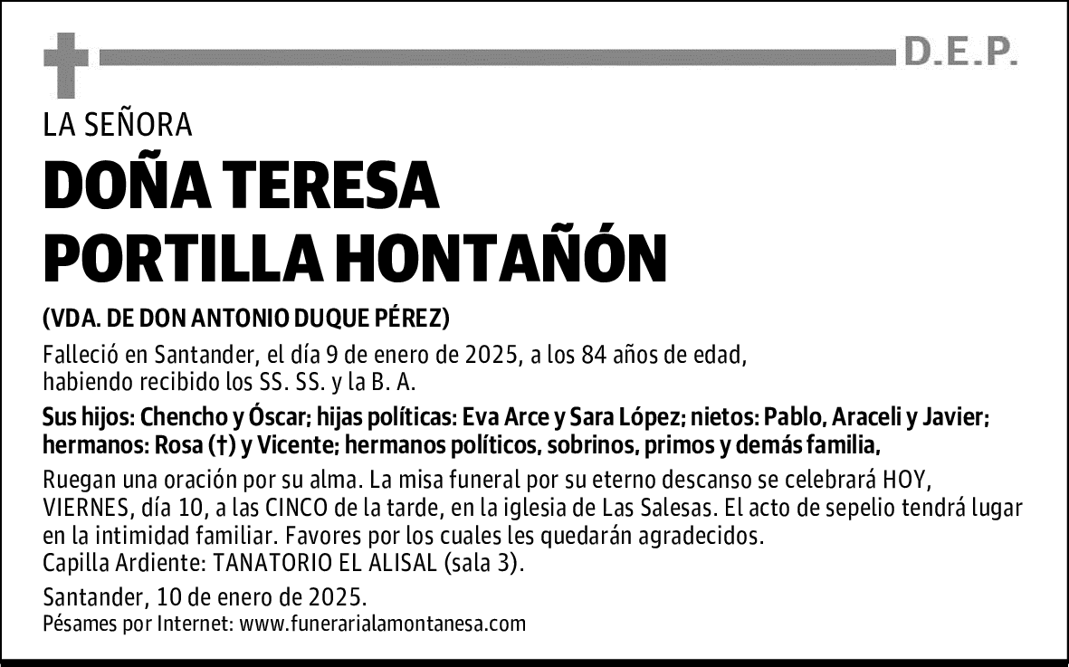 DOÑA TERESA PORTILLA HONTAÑÓN