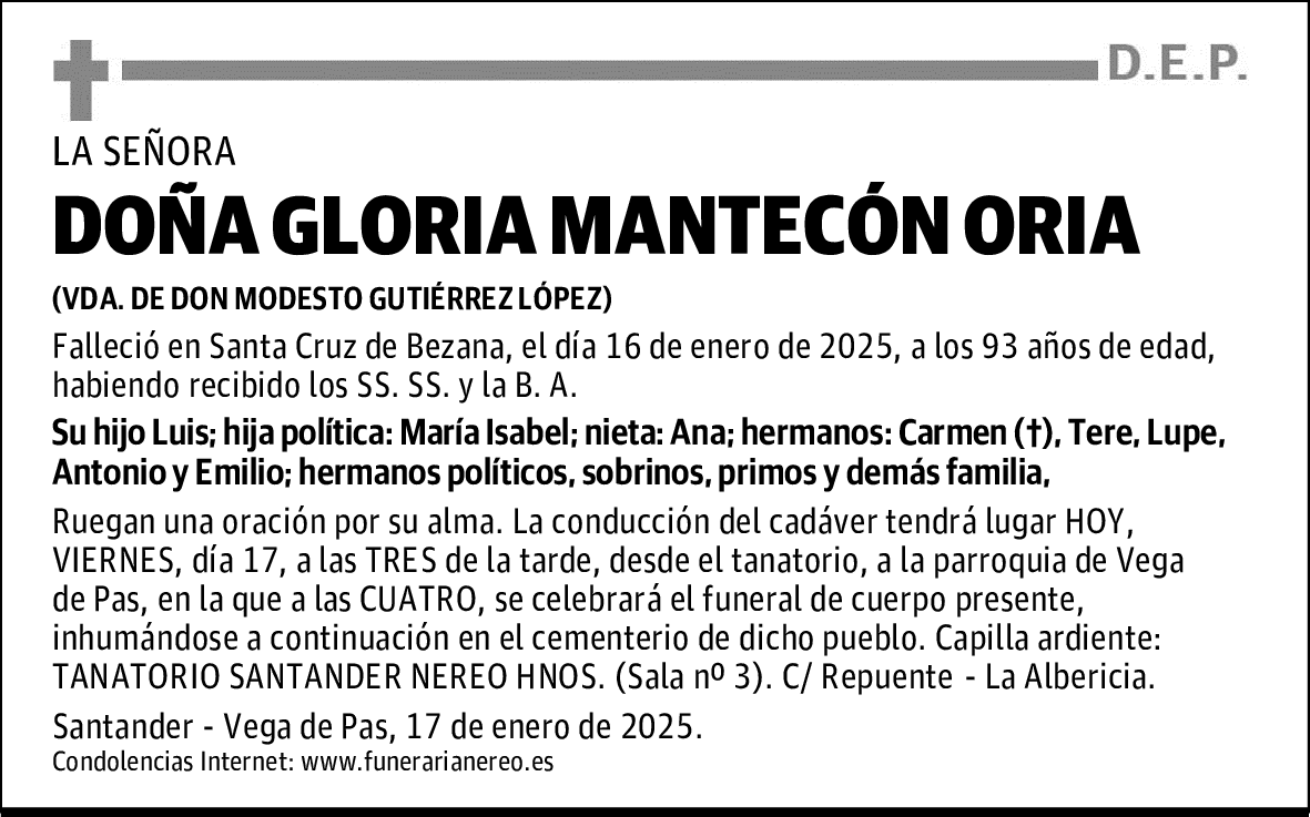 DOÑA GLORIA MANTECÓN ORIA