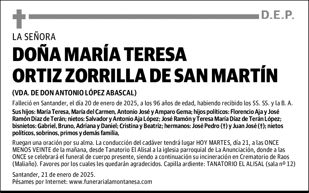 DOÑA MARÍA TERESA ORTIZ ZORRILLA DE SAN MARTÍN