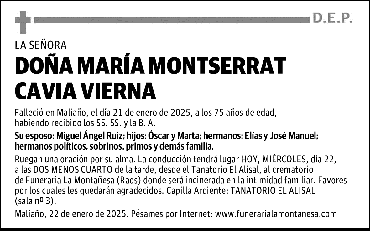 DOÑA MARÍA MONTSERRAT CAVIA VIERNA