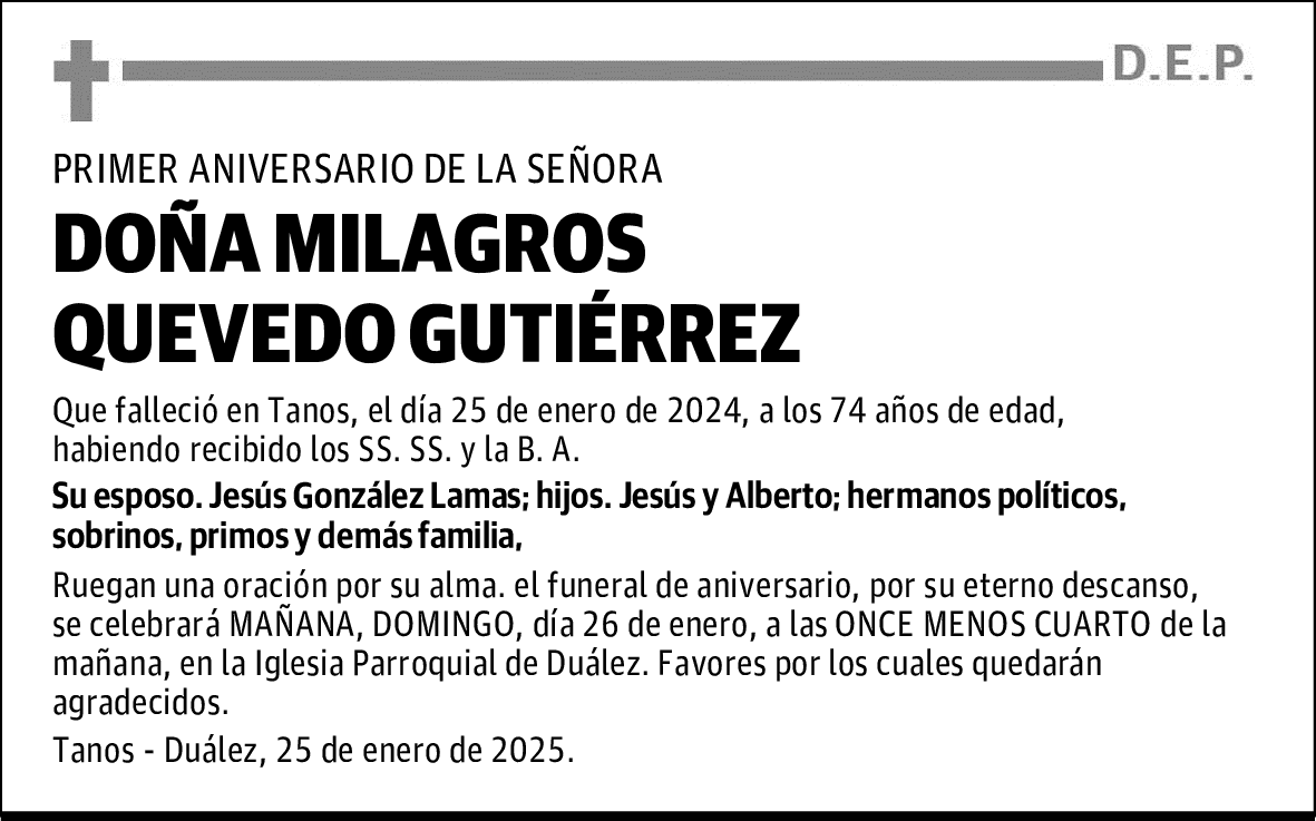 DOÑA MILAGROS QUEVEDO GUTIÉRREZ