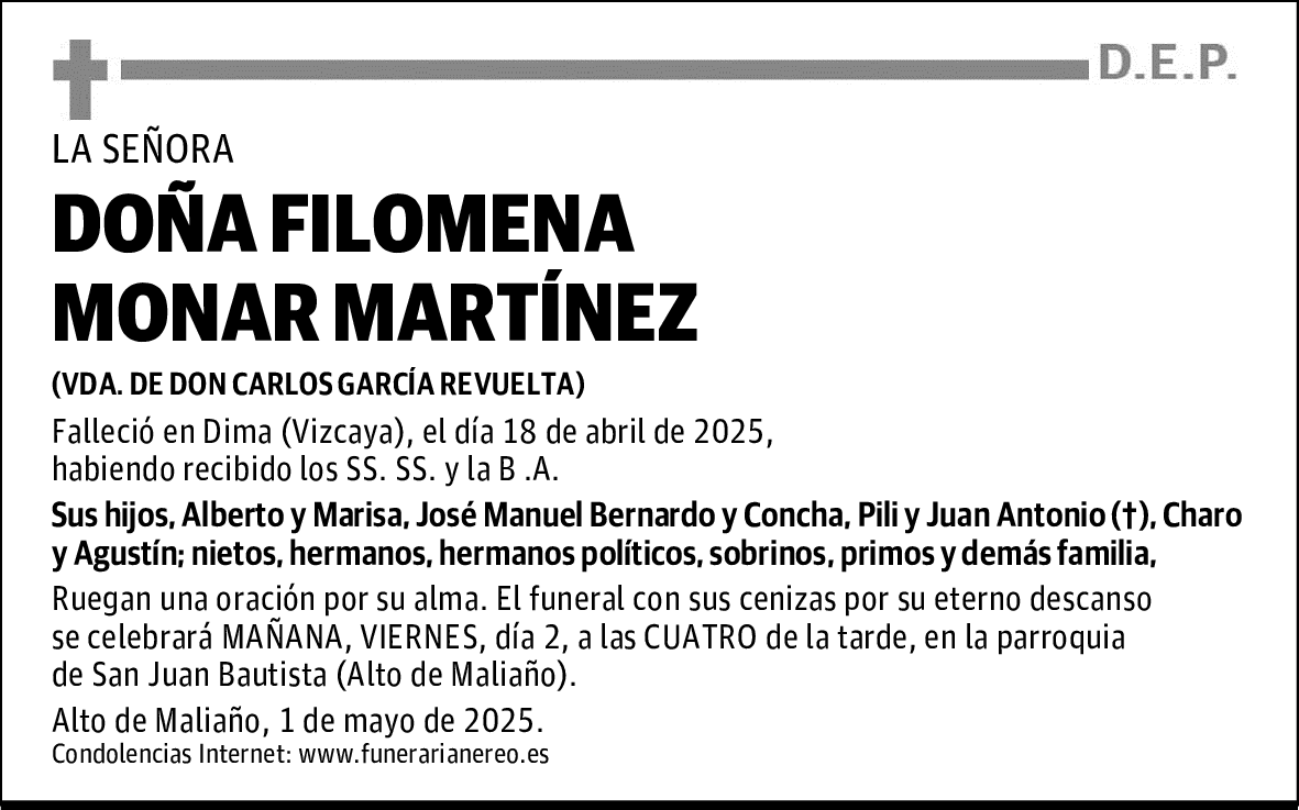 DOÑA FILOMENA MONAR MARTÍNEZ